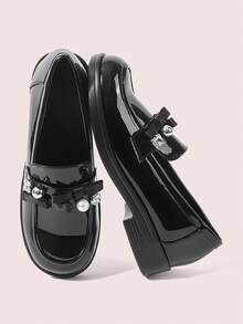 CUCCOO DOLLMOD Women Shoes Pearl Rhinestone Bow Decorative Round Toe Platform Bottom College Style Patent Leather Women Loafers Shoes Daily College Wear, Dating - Black - View 1