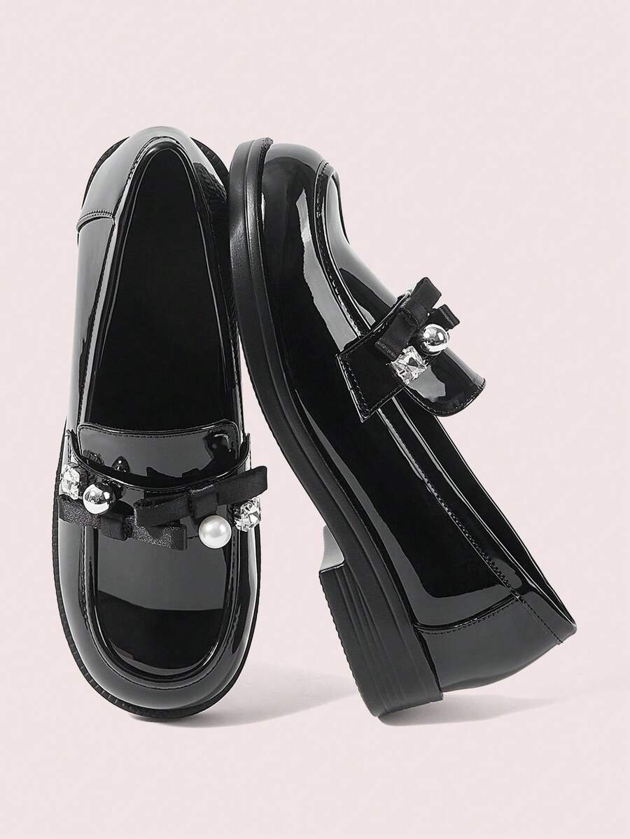 CUCCOO DOLLMOD Women Shoes Pearl Rhinestone Bow Decorative Round Toe Platform Bottom College Style Patent Leather Women Loafers Shoes Daily College Wear, Dating - Black - View 1