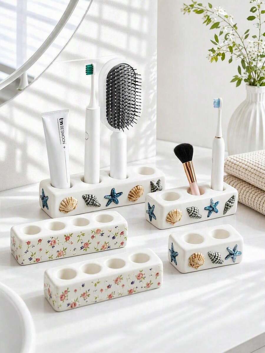 Haus Hana Tempat Sikat Gigi Keramik, Rak Organizer Kamar Mandi Minimalis untuk Sikat Gigi Elektrik, Pasta Gigi, Kuas Rias & Kosmetik, Rak Penyimpanan 2/3/4 Slot untuk Meja Wastafel, Kamar Mandi, Apartemen, Hadiah Liburan & Pindah Rumah - MultiWarna - View 1