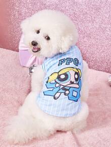 THE POWERPUFF GIRLS X PETSIN 1件可愛黃色頭髮大眼女孩星星數字98字母印花寵物背心 藍色配白色條紋 運動風 柔軟舒適寵物衣服 - 彩色 - 查看 4