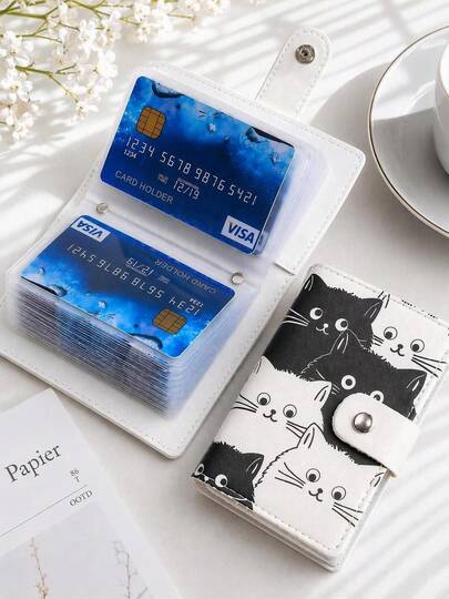 Haus Hana Portacartas con estampado de gato lindo, billetera de piel sintética con estampado de gato en blanco y negro con cierre de botón, estuche para tarjetas de crédito mini con múltiples ranuras, organizador de tarjetas portátil y ligero para mujeres y niñas, monedero de tarjetas de uso diario, de viaje, oficina y escuela, regalo perfecto para el Día del Padre, Eid al-Adha y amantes de los gatos