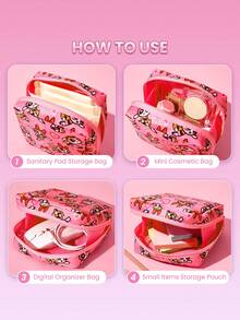 THE POWERPUFF GIRLS X SHEIN Feitian Full Version Square Storage Bag, Zipper Sealed, Can Store Sanitary Napkins, Makeup, Earphone Data Cables, Support Single Or Complete Sets, Girls Commuting, Traveling Portable Multi-Functional Sundries Makeup Storage Bag - Multicolor - View 4
