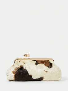 SHECARRY WOMEN'S FASHION RETRO COW PATTERN CLUTCH BAG, SOFT PLUSH MATERIAL, CHAIN DECORATIVE CLIP BAG, FOR DAILY, COMMUTING, SHOPPING, DATING - Milk plush - View 3