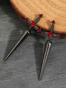 ROMWE 1pair New Gothic Style Sword Shaped Women's Vintage Multicolor Crystal Stud Earrings, Halloween - Red - View 4