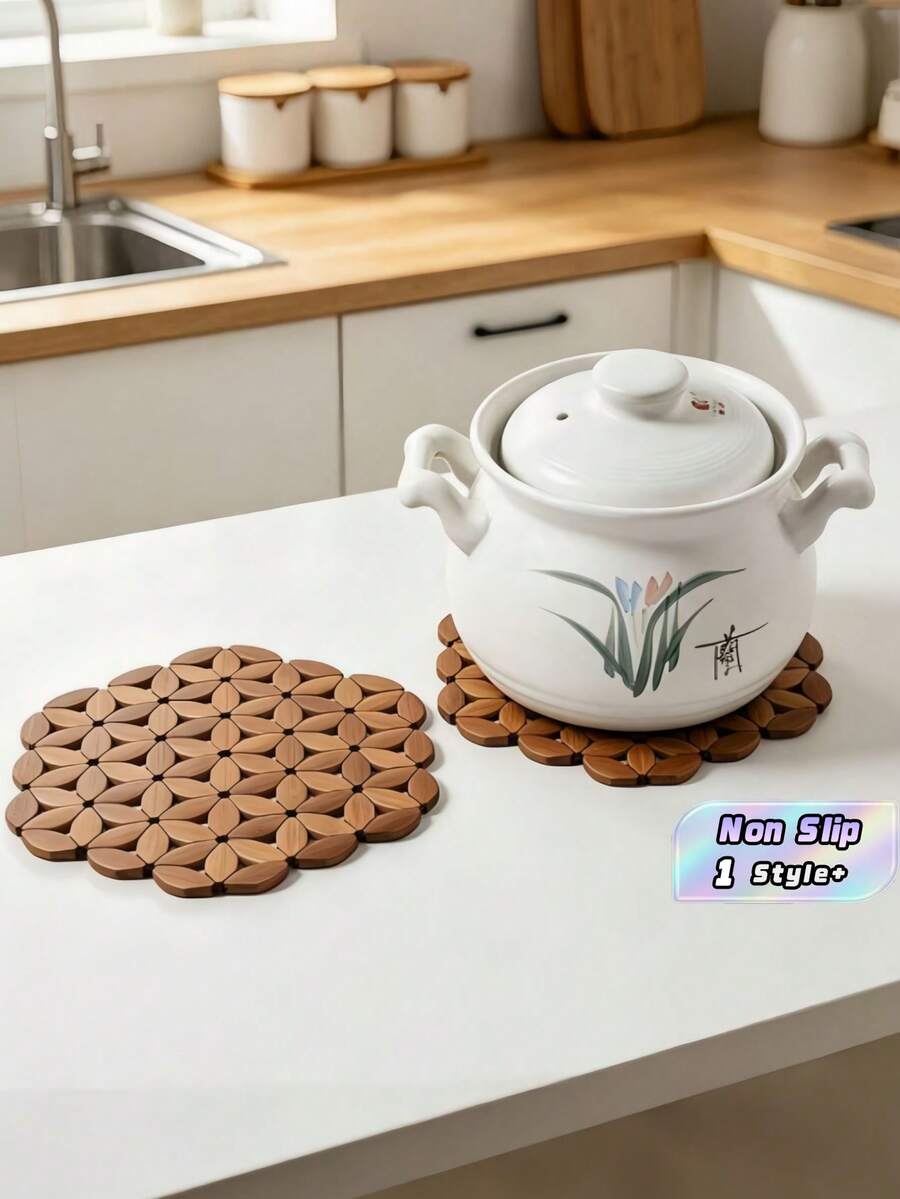 1PC Bamboo Heat-Resistant Trivet Mat, Thickened Pot Holder & Anti-Scalding Table Mat, Durable Natural Kitchen Dish Pad, Non-Slip Easy-Clean, Perfect For Dining, Cooking, Home Decor And Gift - Multicolor - View 1