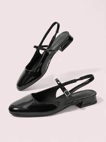 CUCCOO DOLLMOD Women's Shoes Black Glossy Textured Back Lift Mary Jane Flats - Black - View 3