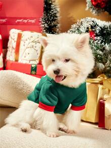 PETSIN 1pc Pet Hohoho English Text & Graphic Printed Green Fleece Crew Neck Warm Sweatshirt - Multicolor - View 6
