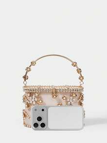 SHECARRY Ladies Fashion Gold Heavy Industry Dinner Bag, Flower Decorated Bucket Bag, For Parties, Festivals, Dates, Gifts, Weddings, Dress Matching - Gold - View 5