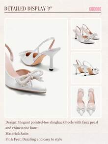 CUCCOO CHICEST Salto Alto Stiletto de Bico Fino para Mulheres, Decoração com Laço de Pérola Falsa e Strass, Sapatos Elegantes para Festa Formal, Casamento e Convidados, Branco para Natal, Sapatos Elegantes de Casamento, Sapatos de Verão, Sapatos de Noiva - Bege - Visão 6