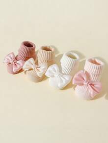 SHEIN 4 Pairs Of Girls And Children Bow Decorative Cotton Material, Four-Season Dispensing Non-Slip Mid-Tube Socks, Indoor Floor Socks Suitable For Baby Tod - Multicolor - View 4