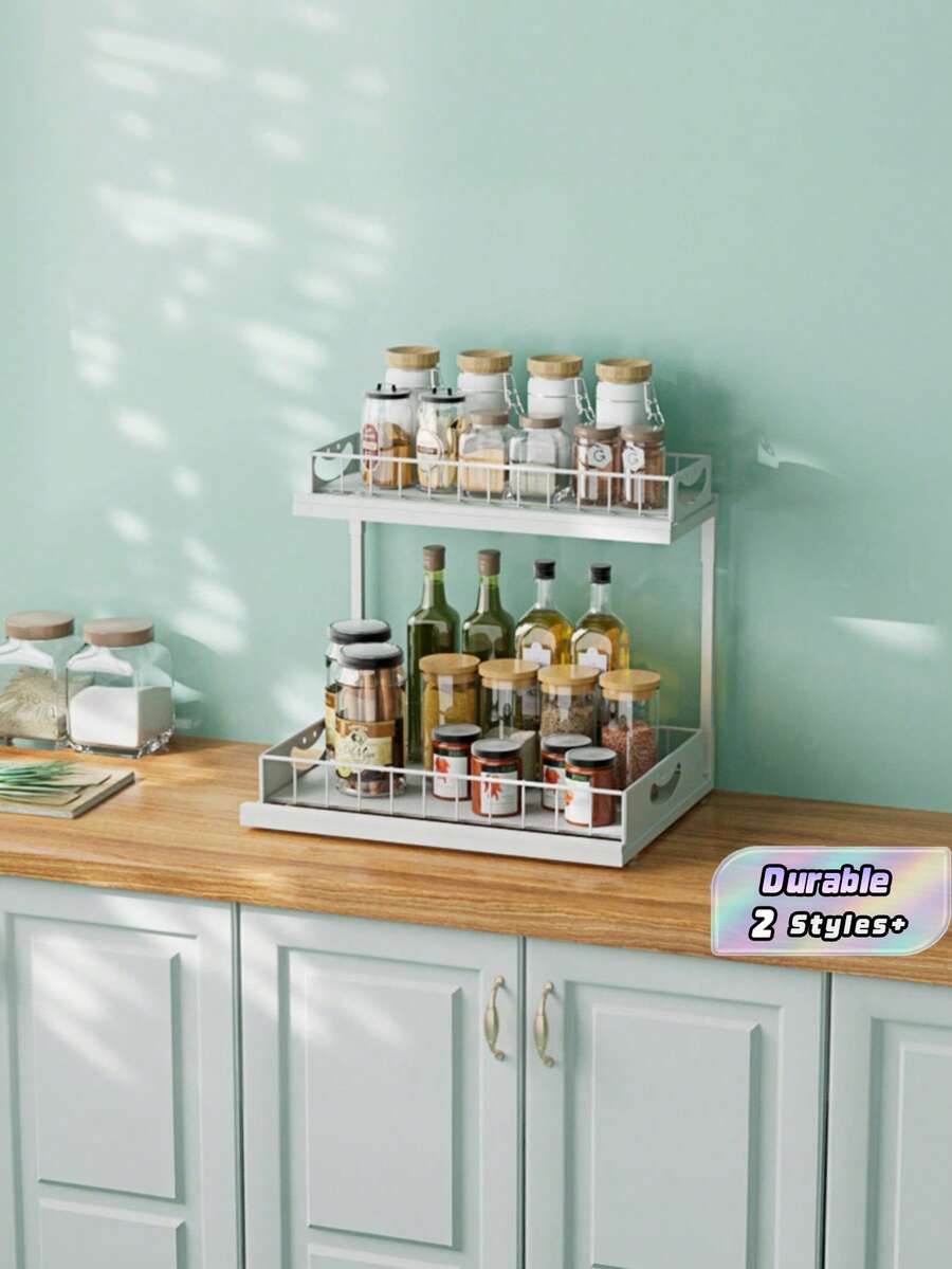 1/2PCS Double Layer Adjustable Kitchen Seasoning Storage Rack, Double-Layer Pull-Out Countertop, Oil, Salt, Sauce, Vinegar Storage Rack, Cling Film Cutting Tools, Multifunctional Seasoning Rack - Multicolor - View 1