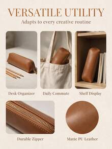 Haus Hana 1PC/2PCS Solid Color PU Leather Pencil Case,Smooth Faux Leather With Plain Tone Design,Zipper Closure Large Capacity Stationery Storage Bag,Chic Minimalist Desk Organizer,For Office Desktop Supply Storage - multicolor - View 9