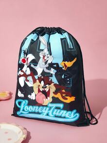 LOONEY TUNES X SHEIN 1件裝卡通印花聚酯纖維抽繩背包，可調節肩帶長度，健身包 - 黑藍色 - 查看 4