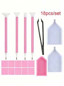 18pcs/20pcs Artificial Diamond Painting Kit, Diy 5d Diamond Painting Accessories Cross Stitch Kit, Including Diamond Point Pen, Tweezers, Glue & Plastic Tray, Suitable For Adult Diy Crafts Christmas For Holiday Gift Giving - pink - View 4