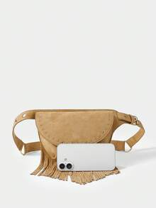 SHECARRY Women's Fashion Retro Imitation Suede Fringed Fanny Pack, Rivet Flip Saddle Bag Shape, For Daily, Shopping, Commuting, Travel - Khaki - View 4