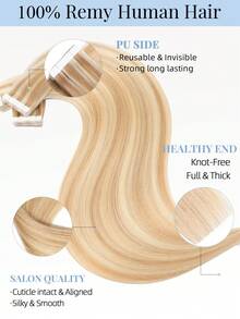 60片膠帶式接髮 真人頭髮 #P27/613 高光淺金色 直髮 Remy Hair，14-22英吋，絲滑無縫隱形粗髮尾，適合細髮增加豐盈感，專業沙龍與日常造型適用於女性與女孩 - SP27/613 - 查看 6