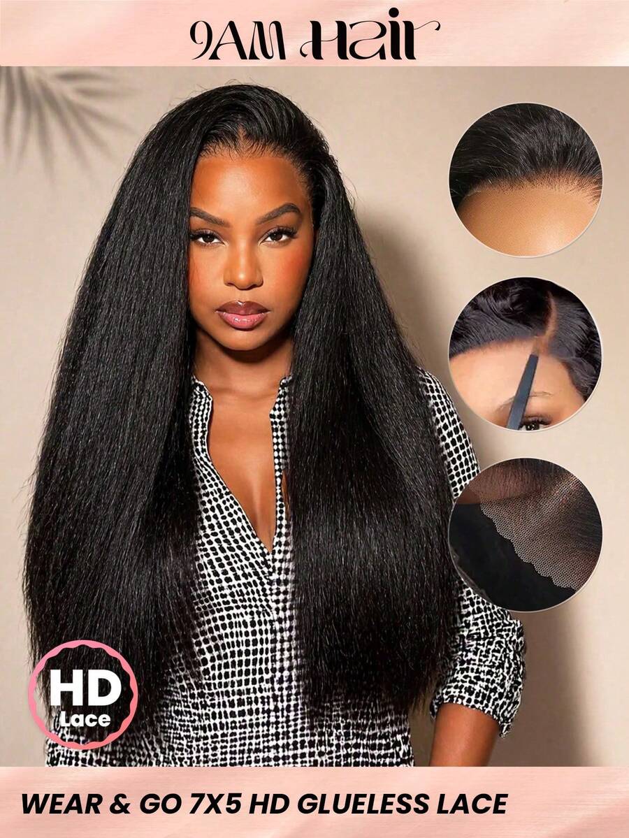 TrueHD 9AM Hair Wear & Go Kinky Straight Human Hair Wig 6x4 HD Lace Closure Wig Glueless Pre-Cut Pre-Plucked Natural Color 180% Density 8-16 Inch Bob & 18-30 Inch Long - SNatural - View 1