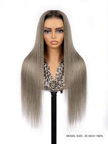 ALL READY WIG 9AM 穿戴即走直髮灰金色假髮，棕色髮根，真人髮，7x5 透明蕾絲封口，免膠水，自然外觀，180% 密度，22-28 英吋 - S3/14 - 查看 2