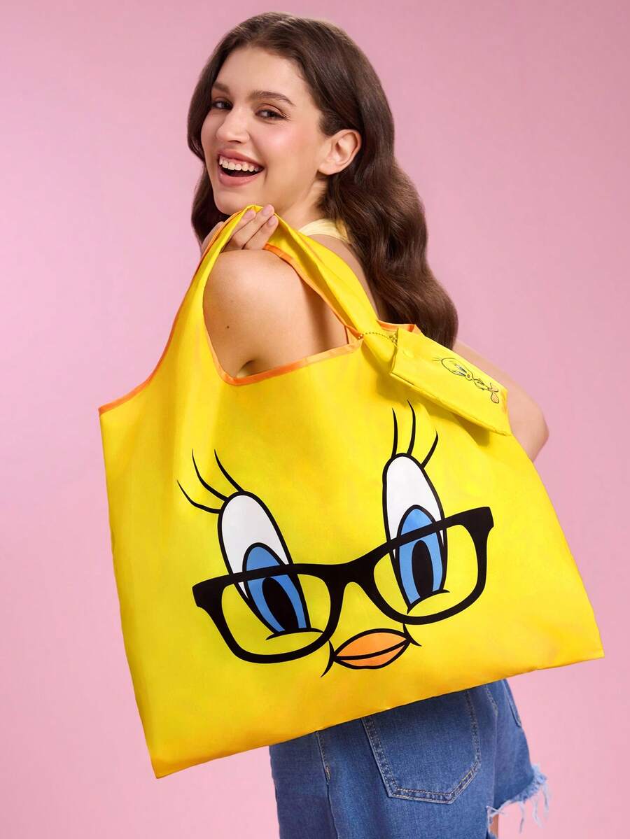 LOONEY TUNES X SHEIN 1Pc Cute Cartoon Character Printed Polyester Fiber Material Foldable Shopping Bag, Tote Bag, - Yellow - View 1