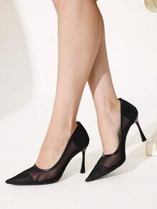 CUCCOO CHICEST Minimalist Style Pure Black Mesh See-Through Pointed High Heels, Thin Heels And Low Vamp Shoes, Daily Street Versatile Models - Black - View 6