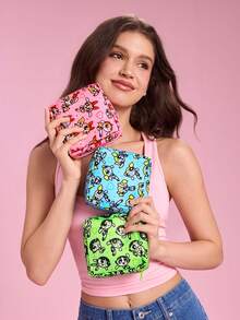 THE POWERPUFF GIRLS X SHEIN Feitian Full Version Square Storage Bag, Zipper Sealed, Can Store Sanitary Napkins, Makeup, Earphone Data Cables, Support Single Or Complete Sets, Girls Commuting, Traveling Portable Multi-Functional Sundries Makeup Storage Bag - Multicolor - View 2