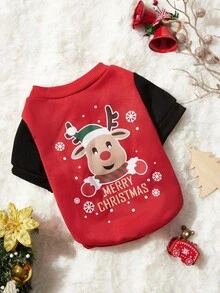 PETSIN 1pc Pet Christmas Reindeer "Merry Christmas" Cute Print Red Fleece Warm Sweatshirt - Multicolor - View 4