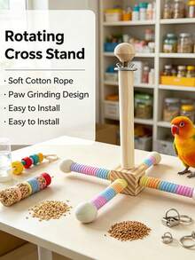 Natural Wood Cross Rotating Cotton Rope Parrot Stand Perch With Macaron Fresh Color Scheme For Cage Climbing Activity Claw Care Daily Use Pet Bird Indoor Home All Season - View 2