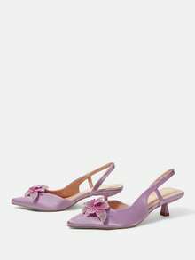 CUCCOO HITCHD Women's Pointed Toe Kitten Heel Rhinestone Floral Satin Comfortable Elegant Pumps, Suitable For Spring/Summer, Weddings, Parties, Formal Occasions Fall Shoes - Dusty Purple - View 3