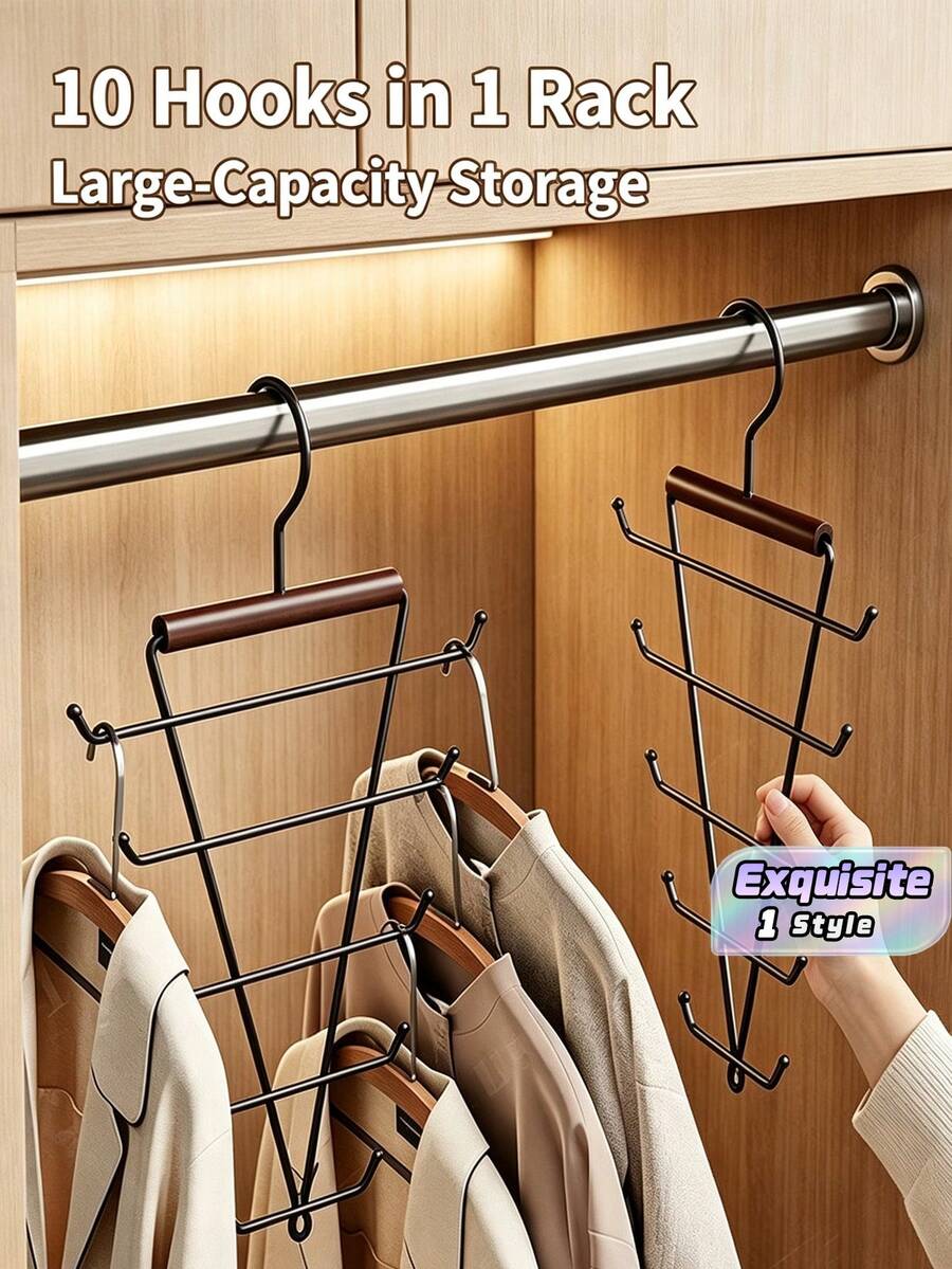 Solid Wood V-Shaped Double-Sided Hanger Storage Rack With Hooks, Hanging Hangers With Multiple Hooks, Saving Space And Multifunctional Dormitory Storage. - Multicolor - View 1