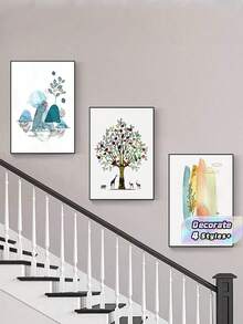 3Pcs Watercolor Tree & Animal Wall Art Prints, Abstract Boho Nature Canvas Posters, Colorful Botanical Painting, Unframed Wall Decor For Stairway, Living Room & Bedroom - multicolor - View 1