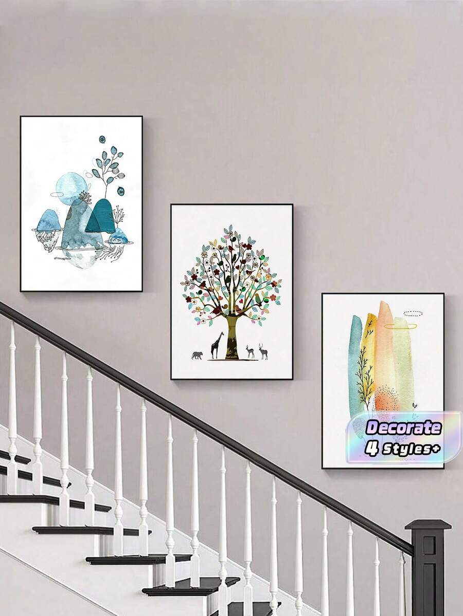 3Pcs Watercolor Tree & Animal Wall Art Prints, Abstract Boho Nature Canvas Posters, Colorful Botanical Painting, Unframed Wall Decor For Stairway, Living Room & Bedroom - multicolor - View 1