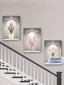 3件組 3D 凹凸效果花卉壁飾畫，粉色鬱金香櫻花風信子花瓶帆布海報，仿真展示架裝飾畫，無框客廳與玄關牆飾 - 多色 - 查看 1