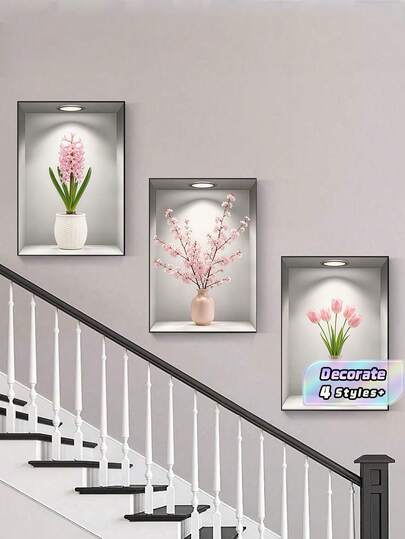 3Pcs 3D Niche‑Effect Floral Wall Art Prints, Pink Tulip Cherry Blossom Hyacinth Vase Canvas Posters, Simulation Display Shelf Painting, Unframed Wall Decor For Living Room & Entrywaya