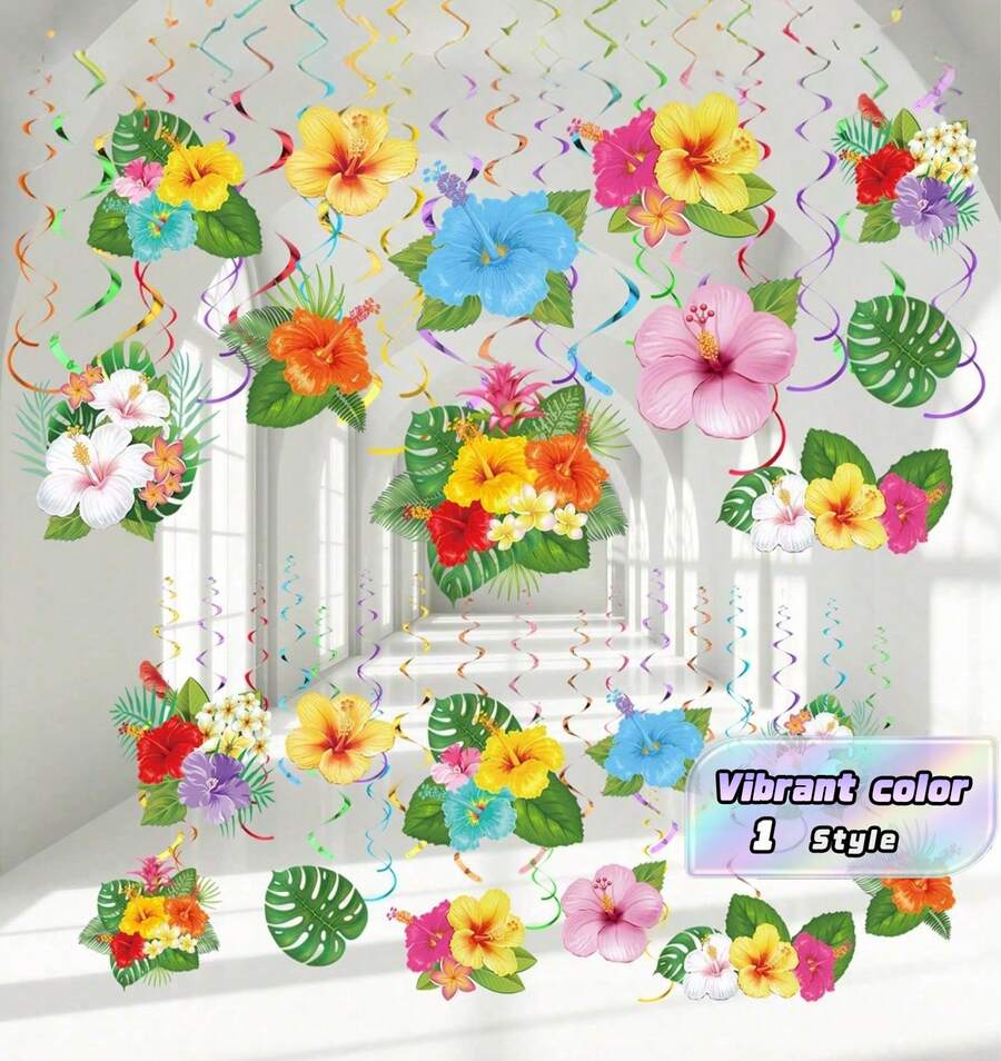 夏威夷派對裝飾 | 扶桑花夏威夷掛飾花環裝飾 | 夏季海灘派對掛飾裝飾 | 花卉 | 生日掛飾花環 | 熱帶夏威夷紙藝手工 | 鏤空裝飾橫幅 | 牆面與天花板裝飾 - 多色 - 查看 1