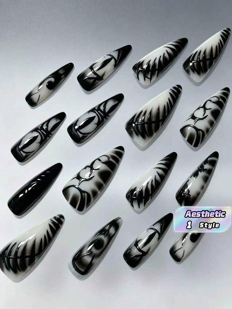 24pcs Goth Dark System Nail Stickers, Cat Eye Pattern + Black & Silver Gradient, Mysterious Filter Welded On Fingertips, Suitable For Daily Dates, Afternoon Tea, Outings Nails Nail Supplies - Multicolor - View 1