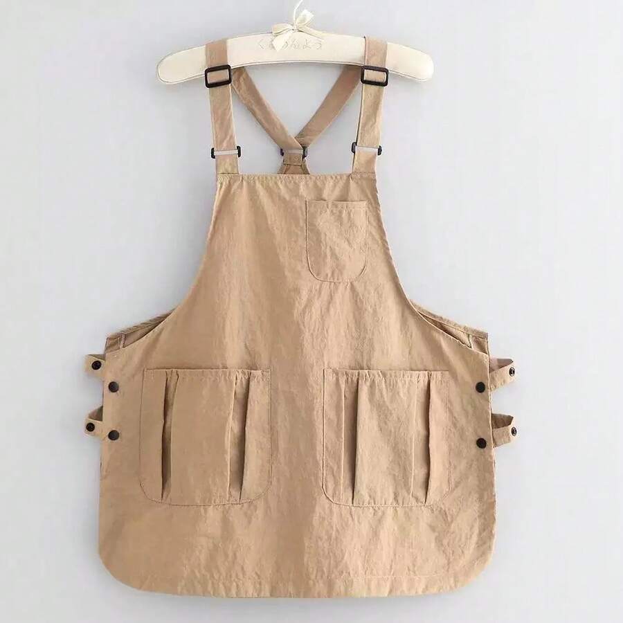 Double-Sided Water Resistant Apron With Large Pockets, Unisex Adjustable Lightweight Work Smock, Kitchen, Barber, Painting, Catering, Milk Tea & Coffee Shop Uniform - Double-sided beige - View 1