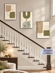 3Pcs Boho Abstract Geometric Canvas Wall Art Prints, Green Beige Terracotta Mid‑Century Poster, Unframed Art Painting For Living Room Bedroom Home Decor - multicolor - View 1