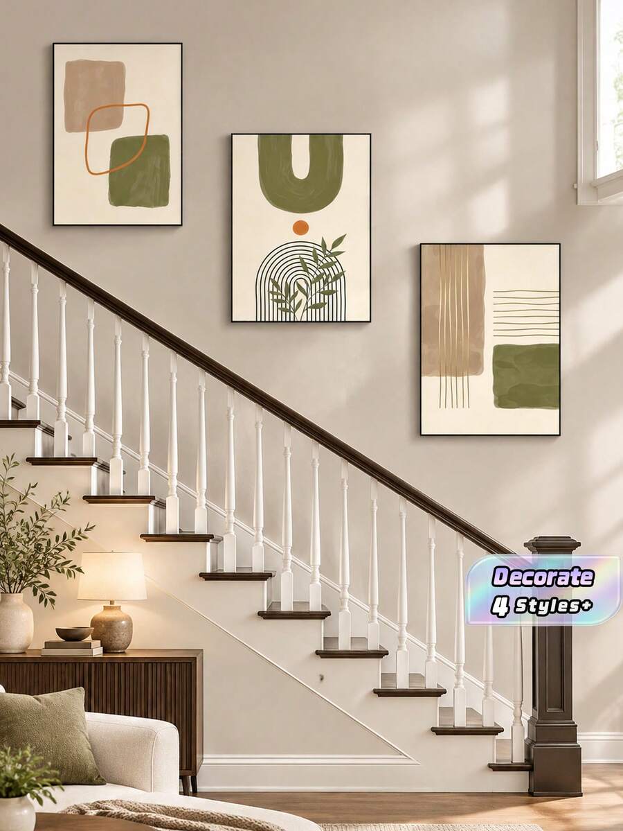 3Pcs Boho Abstract Geometric Canvas Wall Art Prints, Green Beige Terracotta Mid‑Century Poster, Unframed Art Painting For Living Room Bedroom Home Decor - multicolor - View 1