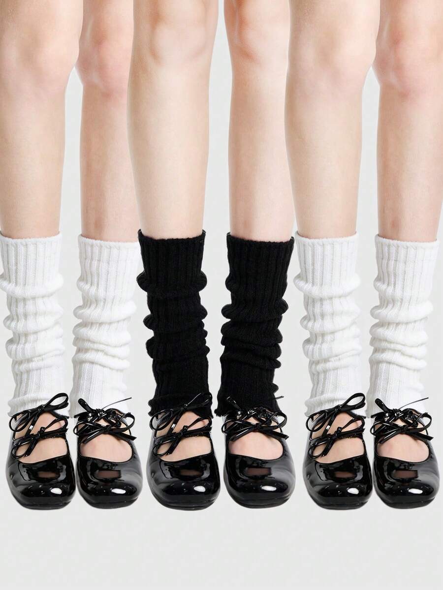 ROMWE Anime 3-Pack Ladies Black White Solid Color Leg Cover - White + Black + White - View 1