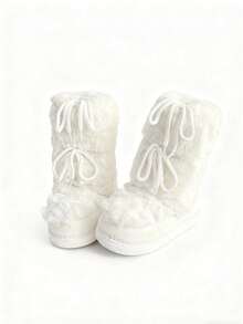 CUCCOO SZL White Full Plush Spliced Medium Tube Snow Boots Women's, Wrapped Drawstring Round Toe Thickened Flat Bottom Versatile Outdoor Boots Fall Shoes - White - View 9