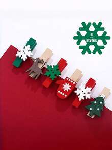 Mini Wooden Christmas Clip Set - Festive Wooden Pins For Photo Hanging, Wedding Decorations, Party Favors, Christmas Trees, Gloves, Reindeer, And Snowflakes. - multicolor - View 2