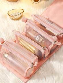1組通用尺寸防水尼龍可拆卸四合一可折疊透明網格防塵化妝收納包 粉色棕色刺繡字母設計 女士旅行日常彩妝收納袋 生日節日戶外攜帶 - 彩色 - 查看 4