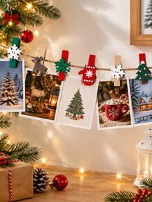 Mini Wooden Christmas Clip Set - Festive Wooden Pins For Photo Hanging, Wedding Decorations, Party Favors, Christmas Trees, Gloves, Reindeer, And Snowflakes. - multicolor - View 6