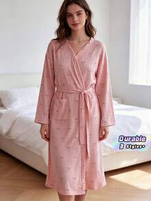 女款極簡蝴蝶結印花華夫格棉質V領和服式圍裹浴袍，自繫腰帶附側邊口袋，寬鬆大袖輕盈柔軟居家服，適合春夏 - 橘色 - 查看 1