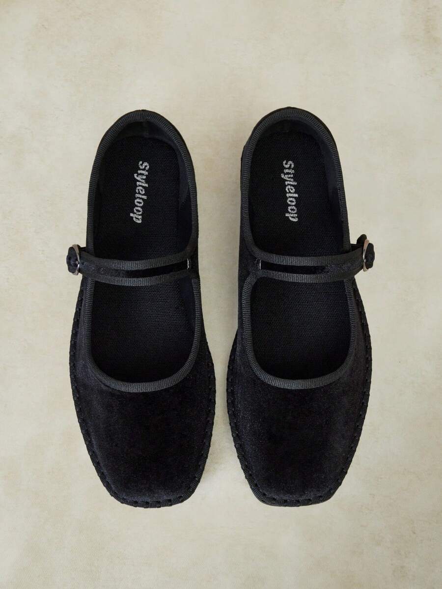 Styleloop Women Shoes Retro Slouchy Style Women Spring And Autumn Commuting Velvet Metal Round Buckle Solid Color Square Toe Low Heel Mary Jane Shoes Casual - Black - View 1