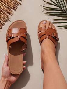 VACAZURE Women's Fashionable And Versatile Adjustable Buckle Slip-On Flat Sandals - Maroon - View 3