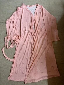女款極簡蝴蝶結印花華夫格棉質V領和服式圍裹浴袍，自繫腰帶附側邊口袋，寬鬆大袖輕盈柔軟居家服，適合春夏 - 橘色 - 查看 12