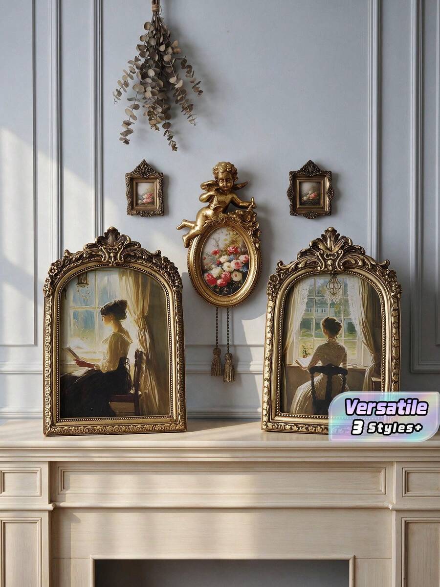 1Pc European Vintage Carved Resin Wall‑Mount Photo Frame Decor Ornament - Multicolor - View 1