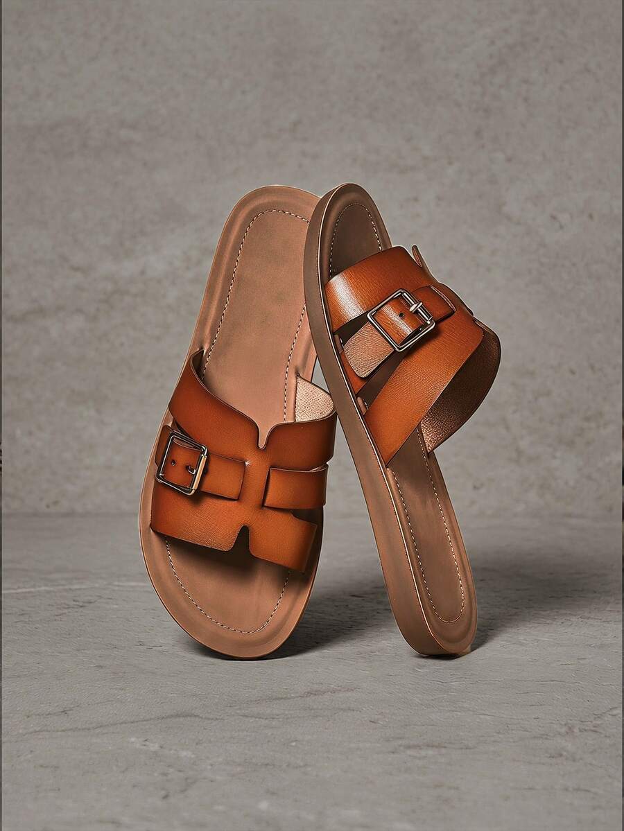 VACAZURE Women's Fashionable And Versatile Adjustable Buckle Slip-On Flat Sandals - Maroon - View 1