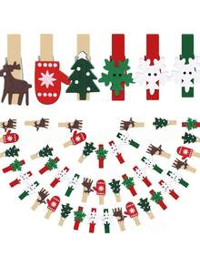 Mini Wooden Christmas Clip Set - Festive Wooden Pins For Photo Hanging, Wedding Decorations, Party Favors, Christmas Trees, Gloves, Reindeer, And Snowflakes. - multicolor - View 8